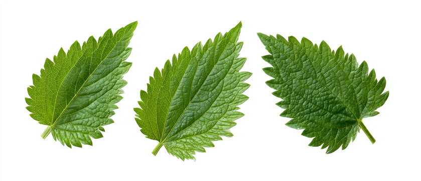 Three textured green nettle leaves arranged on a white background
