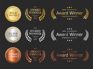 Naklejka na ściany i meble Number 1 award winner, Best Quality Luxury Gold Bronze Silver badge premium emblem isolated on black background stock illustration 
