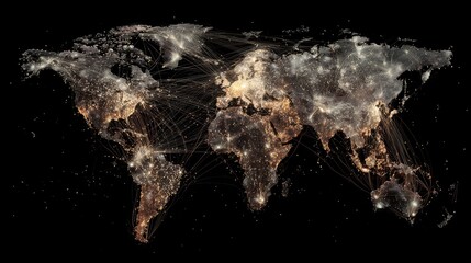 abstract futuristic world map made of glowing digital particles representing global network connections data flow and modern communication technology