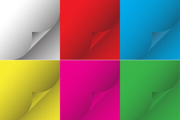 Curly paper page corners, paper sheet turn curls and flips. Vector realistic style, notebook or journal rolled up.