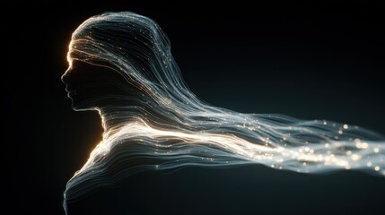 a flowing digital wave passes through a human silhouette creating a glowing techinspired scene symbolizing data flow connectivity and the fusion of humanity with digital energy