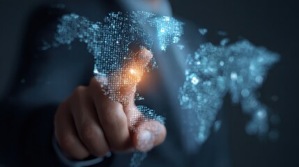 businessman touching glowing digital world map globe with connectivity text security padlocks for global network security data exchange digital transformation strategy