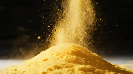 Yellow dust. Powder. Fine and loose. Pollen. Black background.