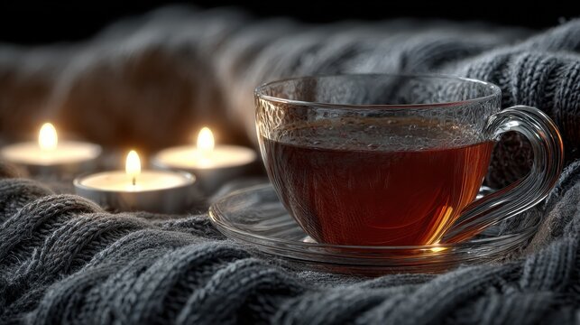 clear glass cup of tea on soft knitted surface with lit candles - Powered by Adobe