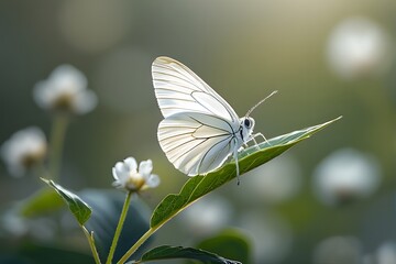White Butterfly on Green Leaf Among Soft Focus Flowers in Nature