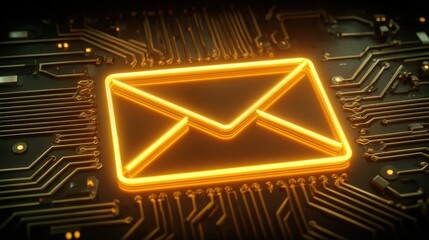 glowing neon envelope icon embedded on futuristic circuit board representing digital communication and secure electronic messaging technology system
