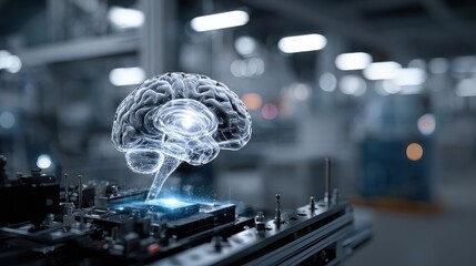 artificial intelligence brain in factory lab for futuristic research technology innovation and machine learning network and ai tools as wide banner hologram