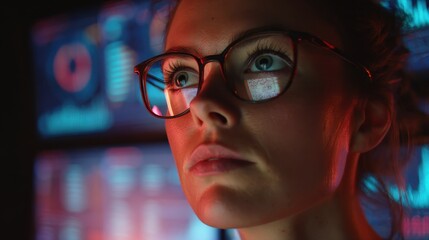a focused young woman with glasses gazes intently at screens displaying data immersed in her work under ambient lighting