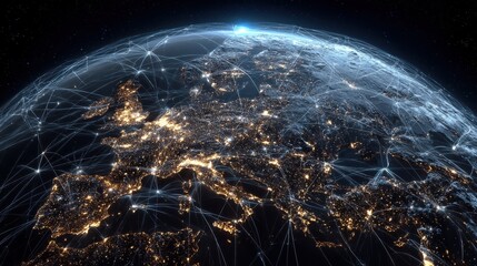 digital globe visualization with illuminated connections highlighting europe and surrounding regions in a futuristic network representing global communication and technol