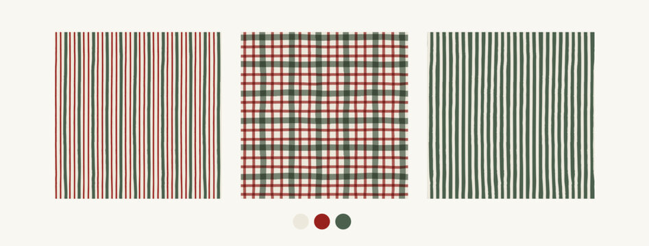 Christmas tartan seamless pattern set with cozy cottagecore aesthetic. Retro hand drawn charming cottage core gingham backgrounds collection. Vintage plaid pattern set, green and red wallpaper