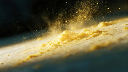 Yellow dust. Powder. Fine and loose. Pollen. Black background.