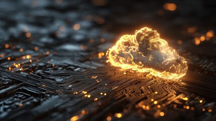 digital cloud hovering above circuit board futuristic technology concept representing cloud computing data flow virtual infrastructure glowing elements and abstract tech visualization