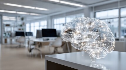 digital brain simulation in a modern workspace symbolizing artificial intelligence and technological innovation