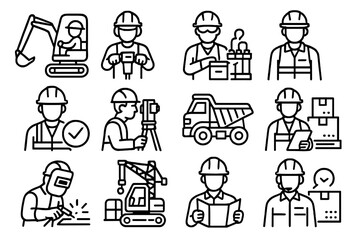 Construction Workforce Icons. Mining and Construction Workforce Roles linear set: excavator operator, drill technician, blasting specialist, site supervisor, safety officer,