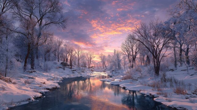 snowcovered river scene at sunset with colorful clouds and trees in winter wonderland