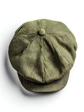 Olive green herringbone tweed flat cap viewed from above on white