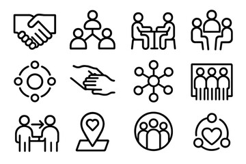 Community Icon Design. Community Connection linear set: handshake tile, group circle node, shared-space bar, discussion ring, collaborative cue dot, support patch, network stripe,