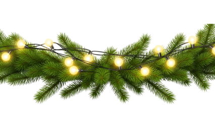 Vibrant Christmas fir tree garland with illuminated string lights. Perfect for seasonal decorations, holiday banners, and festive design elements, isolated on a transparent background
