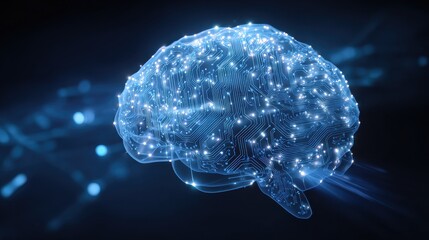 glowing digital brain with circuit board patterns and network grid on a blue futuristic background