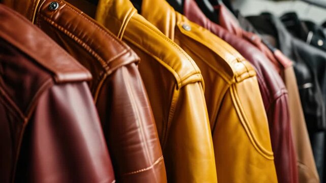 A collection of stylish leather jackets available for purchase or rental.