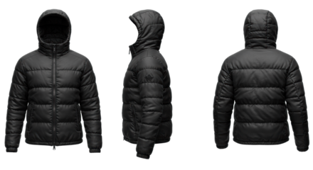 Three premium matte black winter puffer jackets in a professional e-commerce triptych, highlighting quilted stitching and padded hoods on a transparent background. Concept for commercial apparel