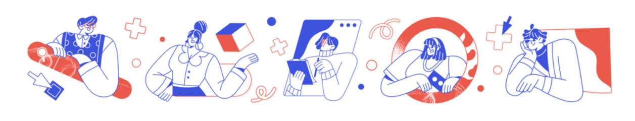 Set of employees' portraits for online business meeting by video call. Office workers' avatars for remote work. Concept of development. Flat isolated outline vector illustrations on white background.