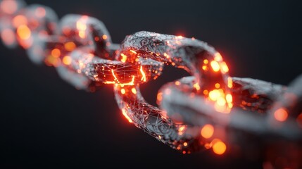 a closeup of a glowing digital chain link representing cybersecurity blockchain technology and data security in a futuristic design