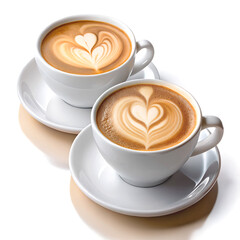 Obraz premium Two cups of cappuccino with heart shaped latte art on white background for romantic morning.