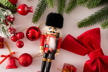 Red Christmas decoration on a white background, a holiday idea. Christmas flat lay concept.	