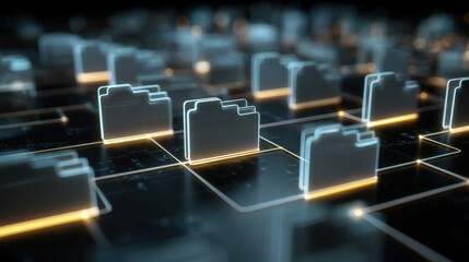 abstract data structure with connected digital folders on a dark surface concept for database management information technology and cloud storage solutions