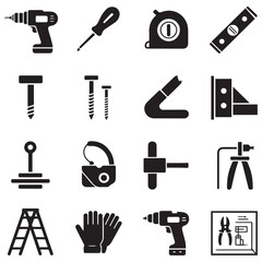A vector illustration showing a collection of assorted tool icons including hammers drills screwdrivers saws brushes scissors and wrenches for construction and repair