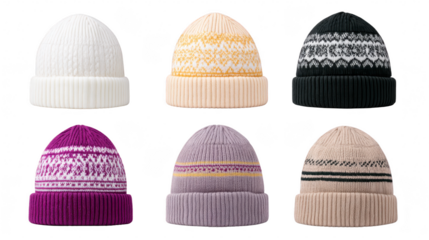 Six colorful knit beanies with various patterns and ribbed cuffs including white yellow black purple lavender and beige displayed on plain background cozy and stylish winter accessories