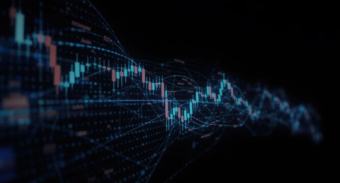 A dynamic visual representation of stock market trends featuring candlestick patterns and data analytics on a dark background.