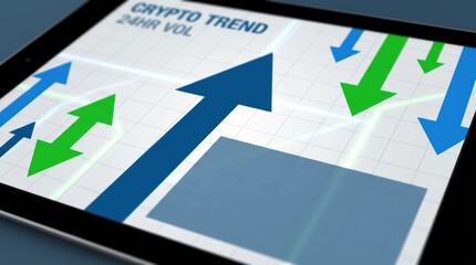 A digital tablet displaying cryptocurrency trend graphs with upward arrows indicating volume changes.