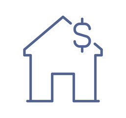 Real estate value icon with house outline and dollar sign, simple property price symbol representing mortgage, home investment, housing market and financial assets flat line vector illustration.