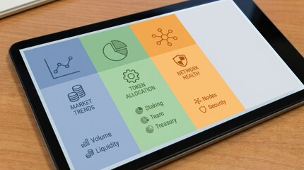 A tablet displays various metrics related to market trends, token allocation, and network health, emphasizing data analysis in a digital context.