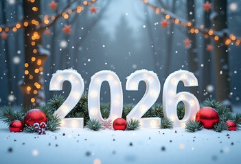 White numbers 2026 standing in snowy winter forest with falling snow surrounded by festive atmosphere. concept of holiday marketing, seasonal advertising, winter design.