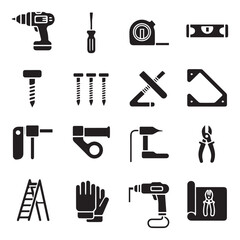 A vector illustration showing a collection of assorted tool icons including hammers drills screwdrivers saws brushes scissors and wrenches for construction and repair