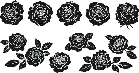 Black and white rose silhouette collection, vector flower illustrations, floral icons set, nature stencil art, decorative plant elements for tattoo or logo design.