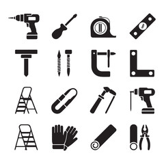 A vector illustration showing a collection of assorted tool icons including hammers drills screwdrivers saws brushes scissors and wrenches for construction and repair