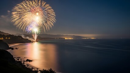 Spectacular fireworks display illuminating the night sky above a coastal city