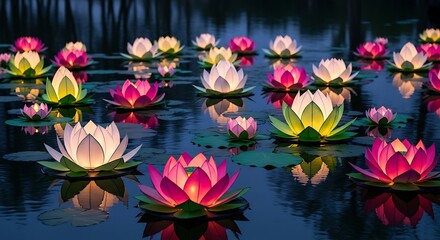 Vibrant Water Lilies Glowing in a Serene Night Pond.