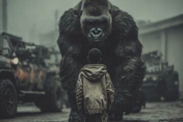 Fototapeta premium Boy walks confidently towards a massive gorilla amidst military vehicles