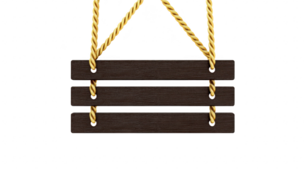 Dark wooden hanging sign with three horizontal planks and yellow rope, isolated on transparent background, rustic and empty for text or decoration, suitable for shop or cafe signage