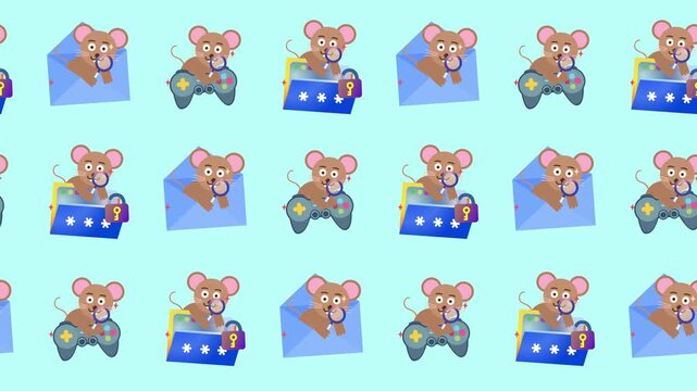 Seamless pattern of cartoon mouse, gaming, and locked file icons in a tile background animation. Repeating wallpaper with rat, game controller, and digital security symbols.