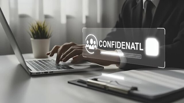 Man In Suit Typing on Laptop with Confidential Overlay on Bright Desk with Office Elements and Papers