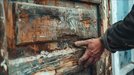 A worker wearing gloves repairs a weathered and cracked wooden panel. This shows manual labor in the construction or renovation field.