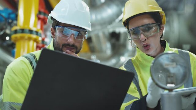 Detailed inspection of the primary refrigeration circuit piping on an enormous industrial cooling facility for HVAC operation