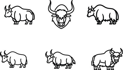 A compelling collection of diverse black line art yak icons in various stances and a detailed headsh