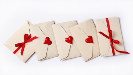 Five cream-colored envelopes sealed with red hearts and tied with satin ribbons. Romantic flat lay composition isolated on white background. Love message concept.
